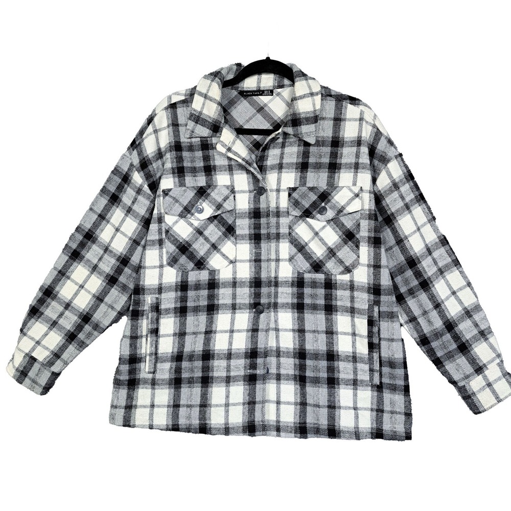 Black Tape Plaid Shacket Womens M Snap Button Front Pockets Black White Flannel